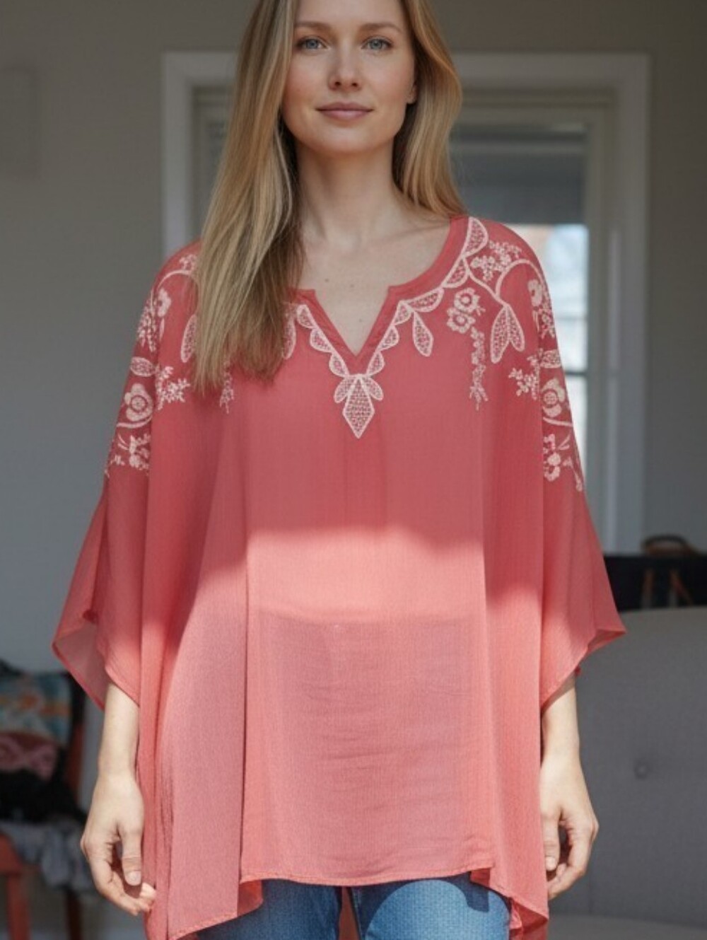 Isaac Mizrahi Live XL Coral Sheer Embroidered Boho Tunic Flutter Sleeve